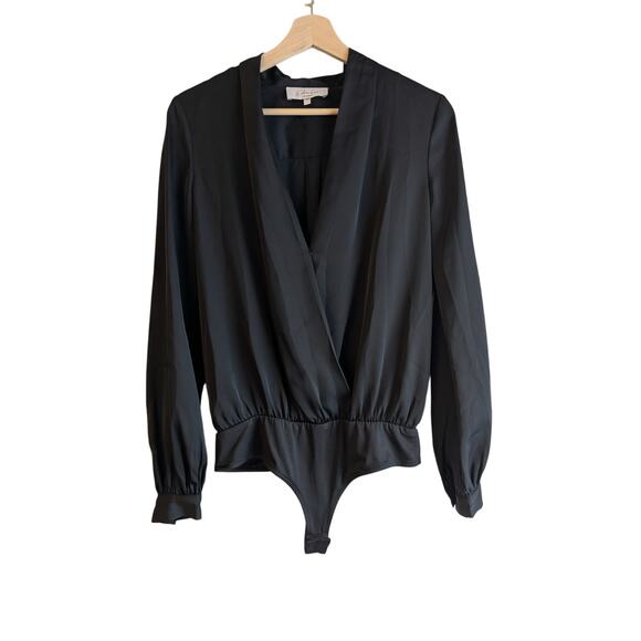 L'Academie Womens Plunge VNeck Long Sleeve Snap Bodysuit Blouse Top Black Small - Picture 2 of 9
